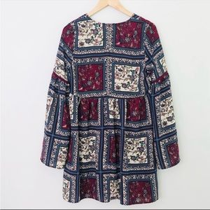 Wide bell sleeve bandana print embroidered dress